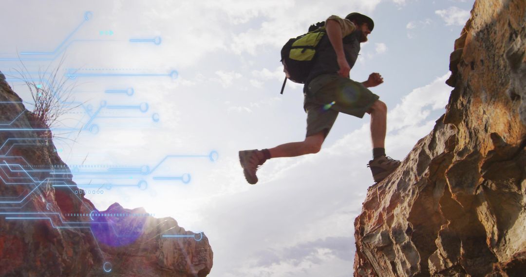 Hiker Leaping Across Canyon with Circuit Overlay Conveying Adventure and Tech Innovation