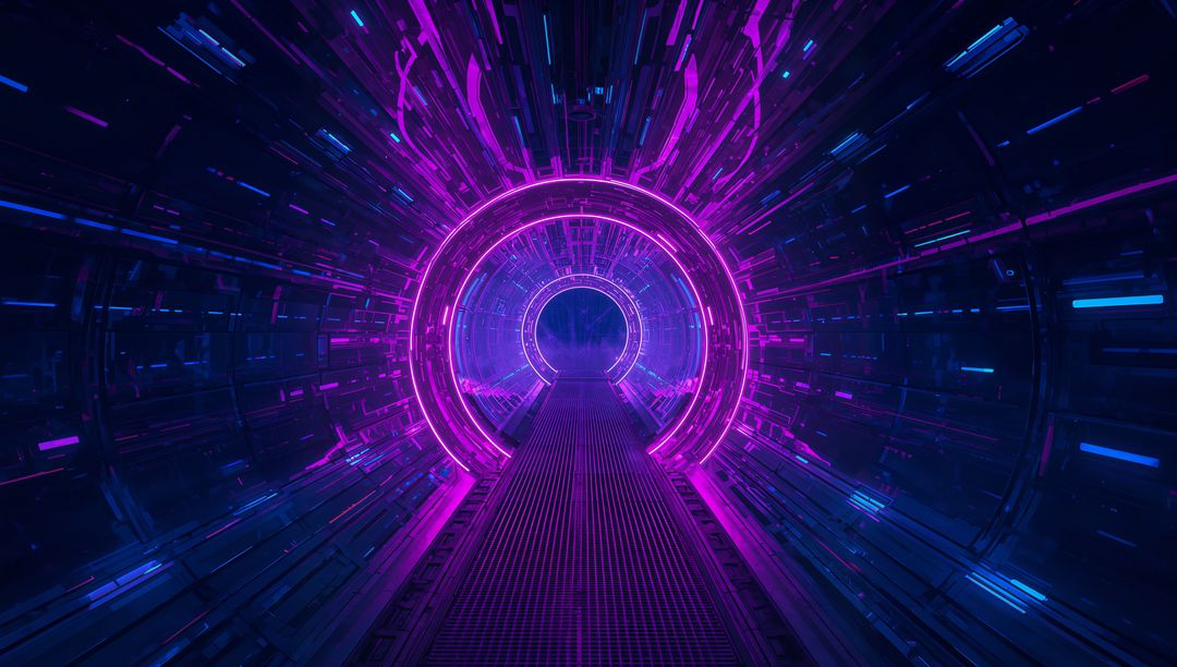 Futuristic Neon Portal in Spaceship Corridor
