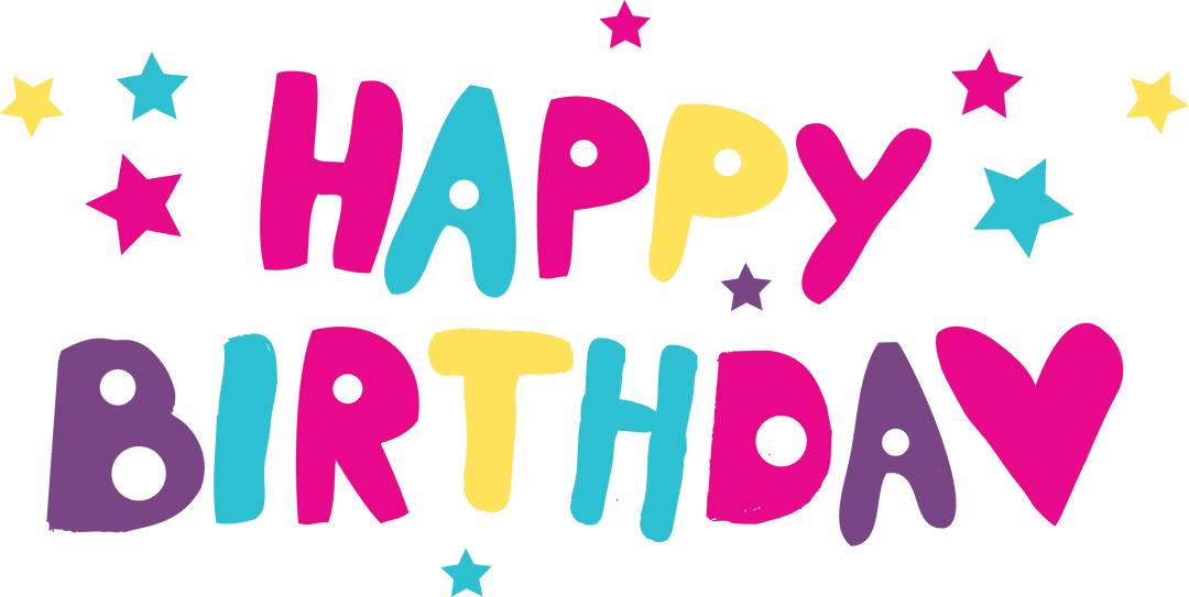 Colorful Happy Birthday Text and Stars on Transparent Background
