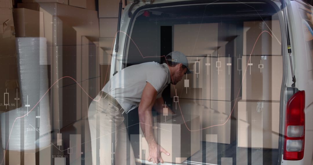 Logistics Worker Stacking Boxes with Data Overlay