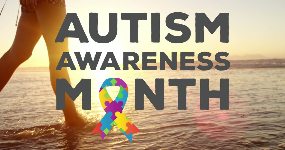 Autism Awareness Month Over Beach Scene with Puzzle Ribbon