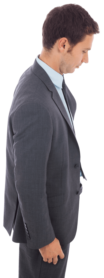 Focused Businessman in Gray Suit on Transparent Background