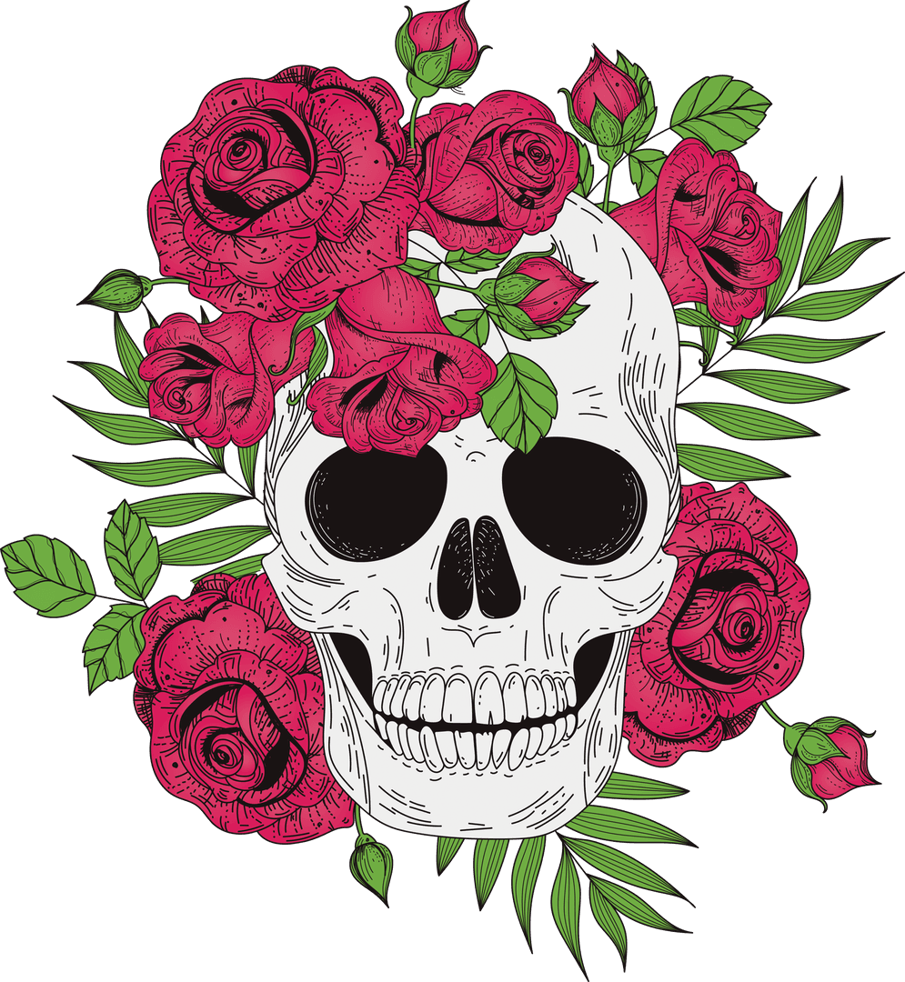 Illustration of Skull with Rose Bouquet on Transparent Background