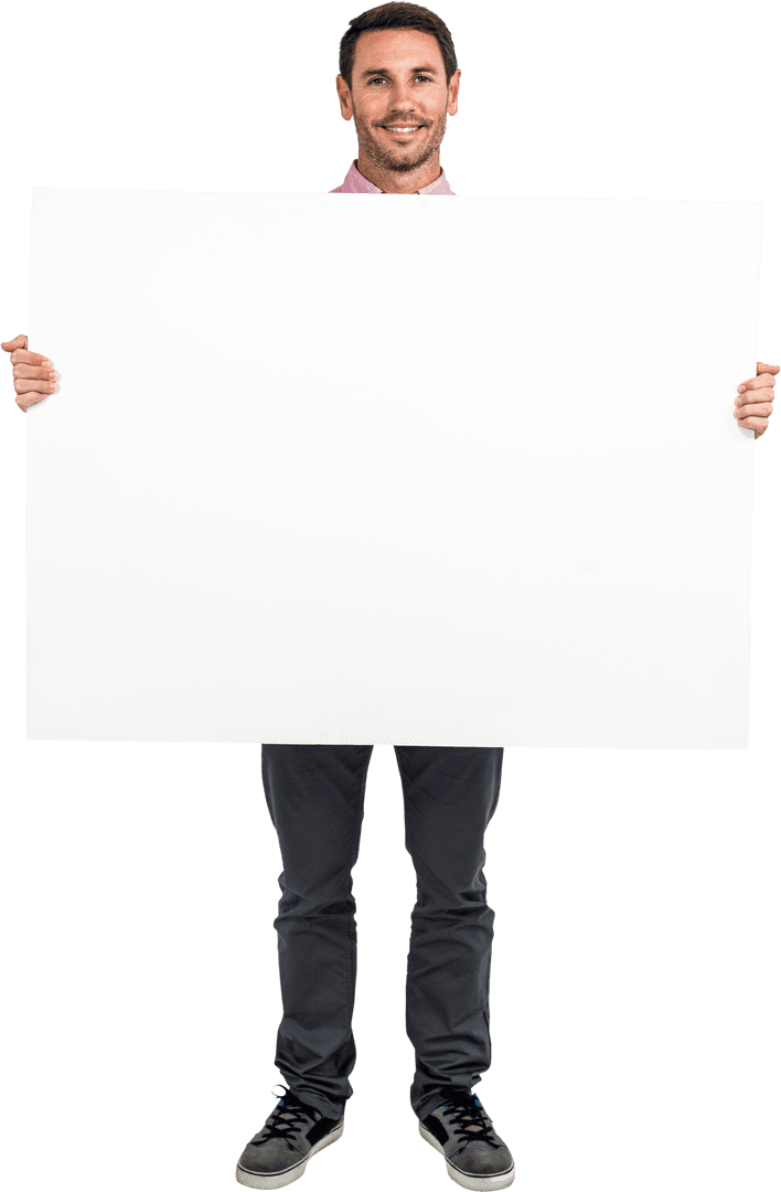 Smiling Man Presenting Transparent White Sheet for Display