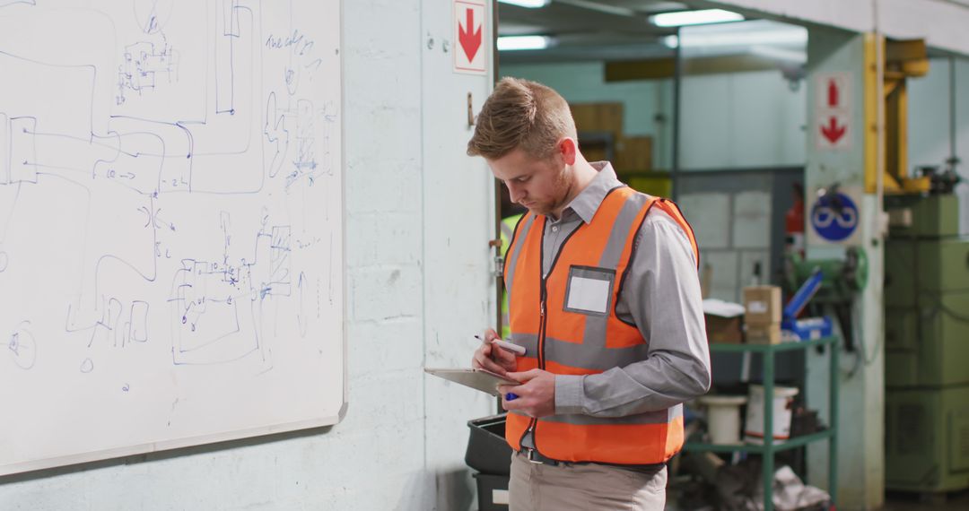 Engineer in Safety Vest Writing on Clipboard in Industrial Warehouse - Free Images, Stock Photos and Pictures on Pikwizard.com