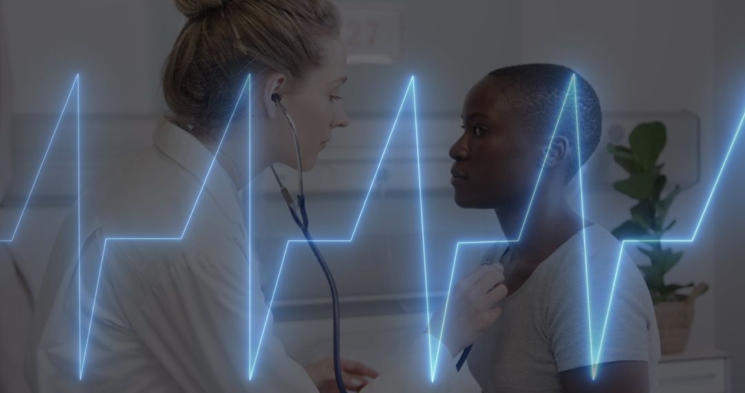 Doctor Examining Diverse Patient with Digital Heartbeat Overlay