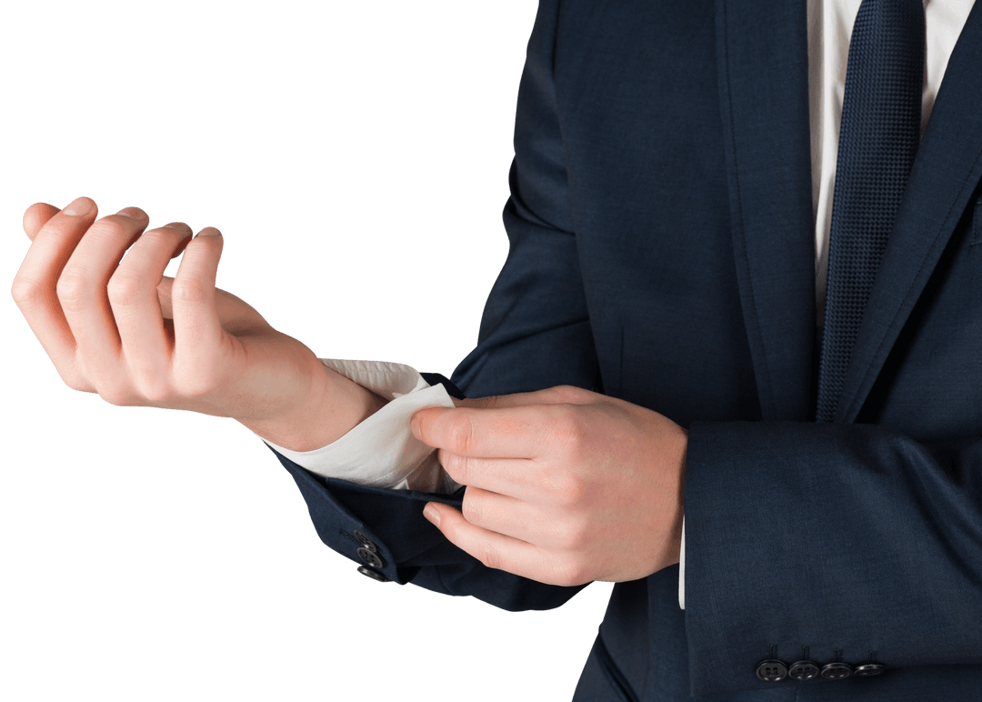 Transparent Businessman Adjusting Shirt Cuffs in Suit