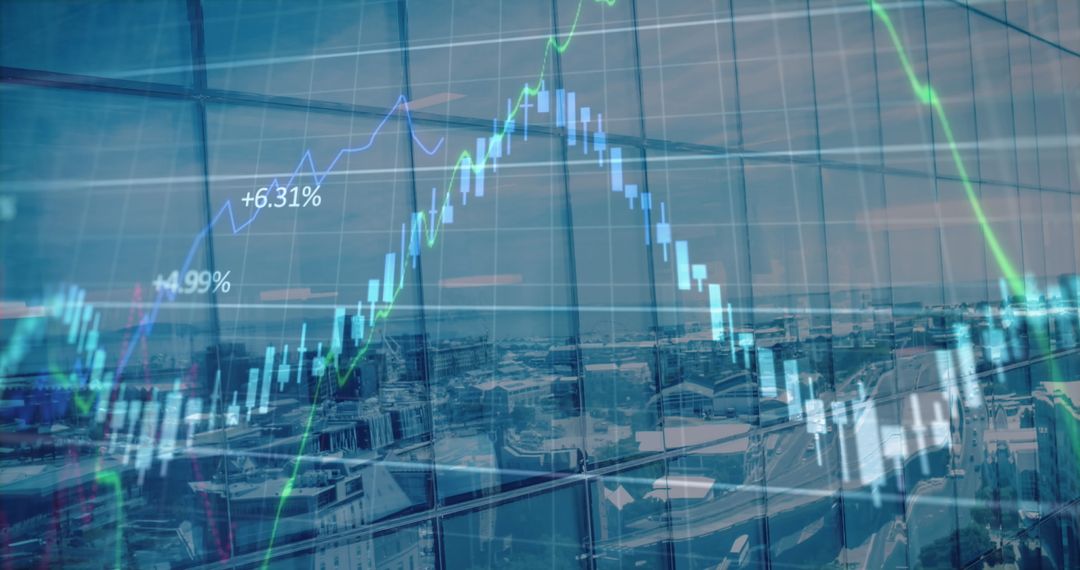 Futuristic Graphs Over Cityscapes Indicating Global Financial Data Trends