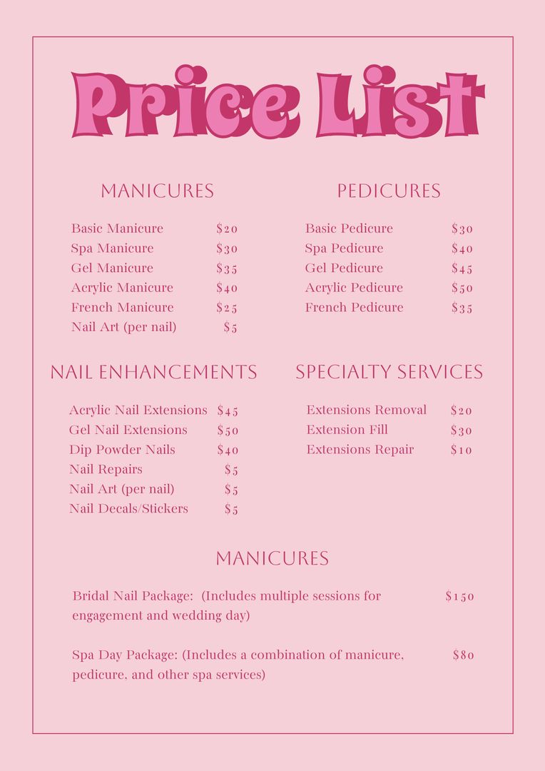 Elegant Pink Nail Salon Price List Template for Spa Services - Download Free Stock Templates Pikwizard.com