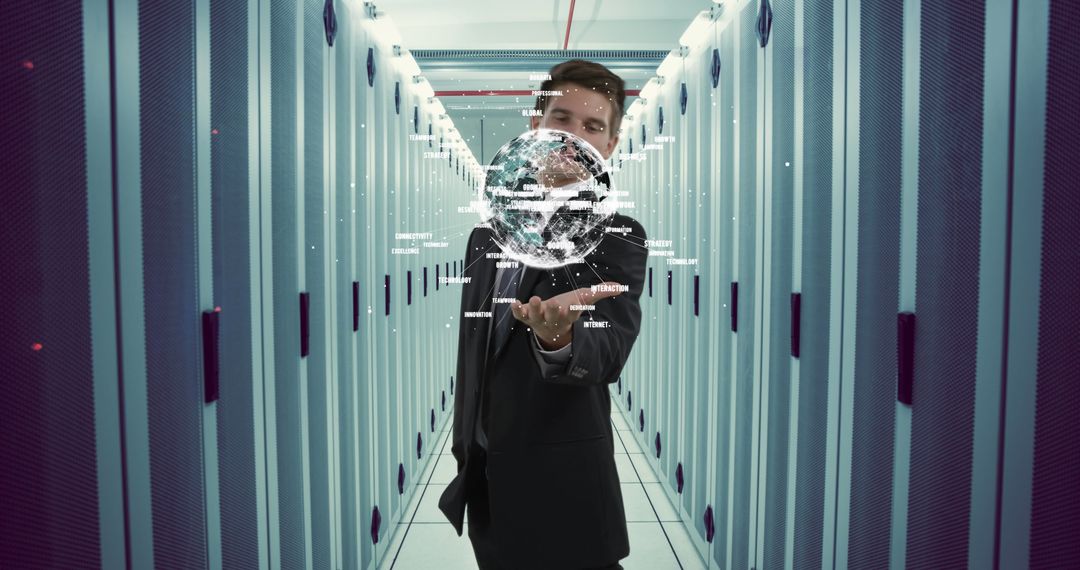 Businessman Holding Digital Globe in Data Center