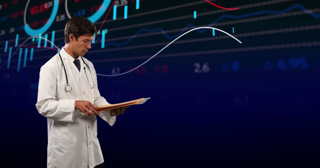 Doctor Analyzing Medical Data on Digital Finance Graph