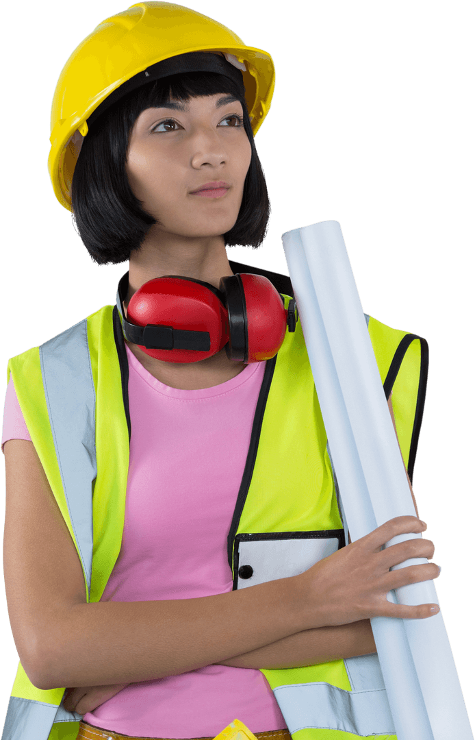 Thoughtful Female Architect Holding Blueprint on Transparent Background