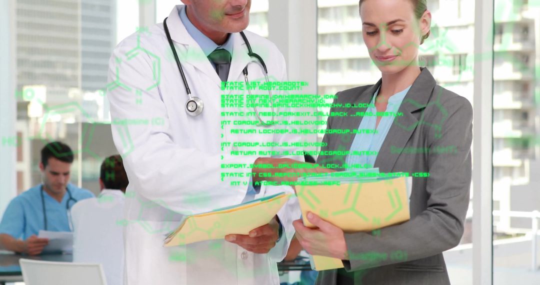 Healthcare Professionals Analyzing Report with Digital Overlay