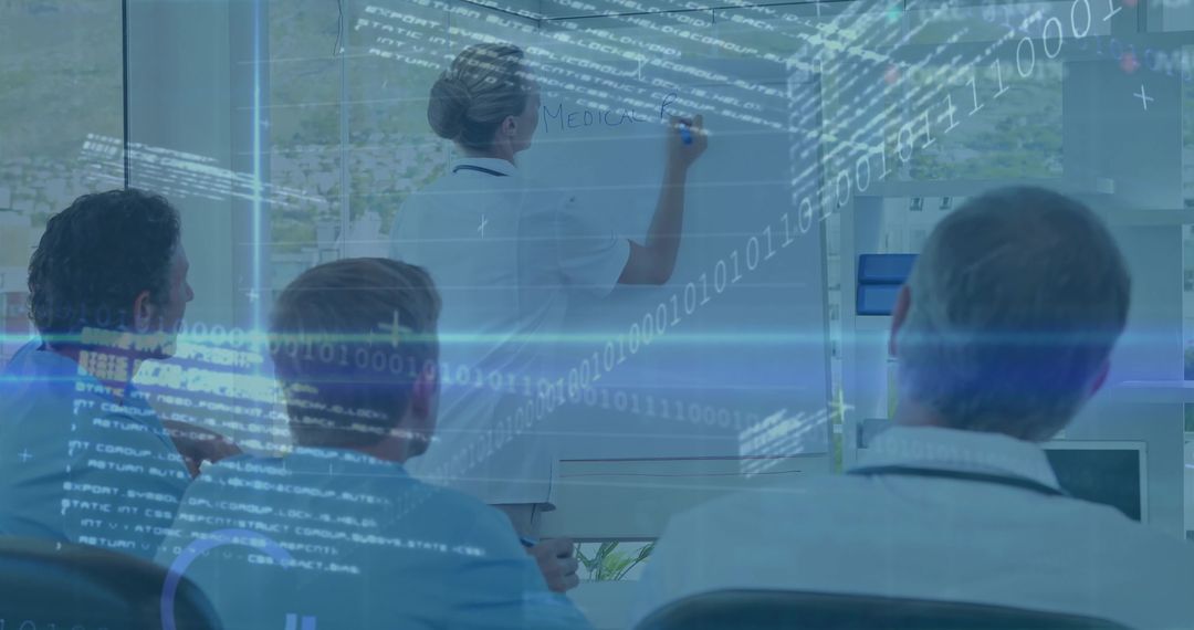 Healthcare Professional Collaborating with Digital Technology Binary Overlay