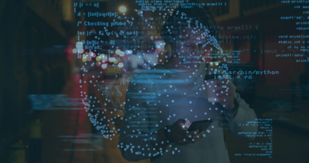 Man Exploring Digital Innovation with Smartphone and Code Overlay