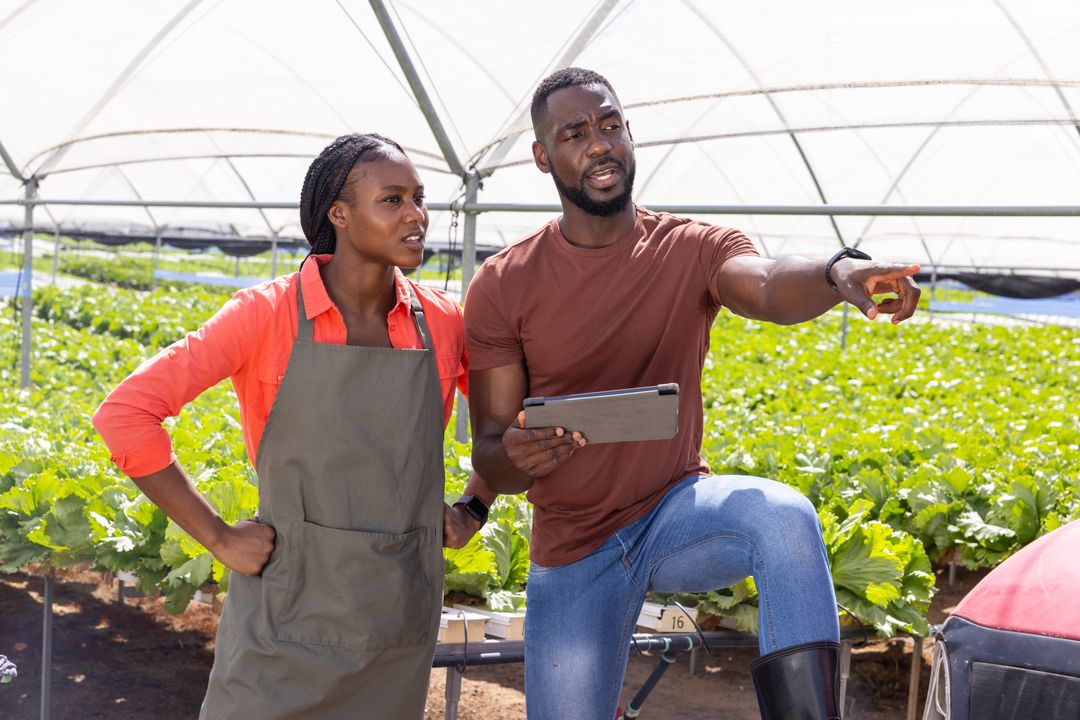 African Business Partners Overseeing Greenhouse Operations with Tablet
