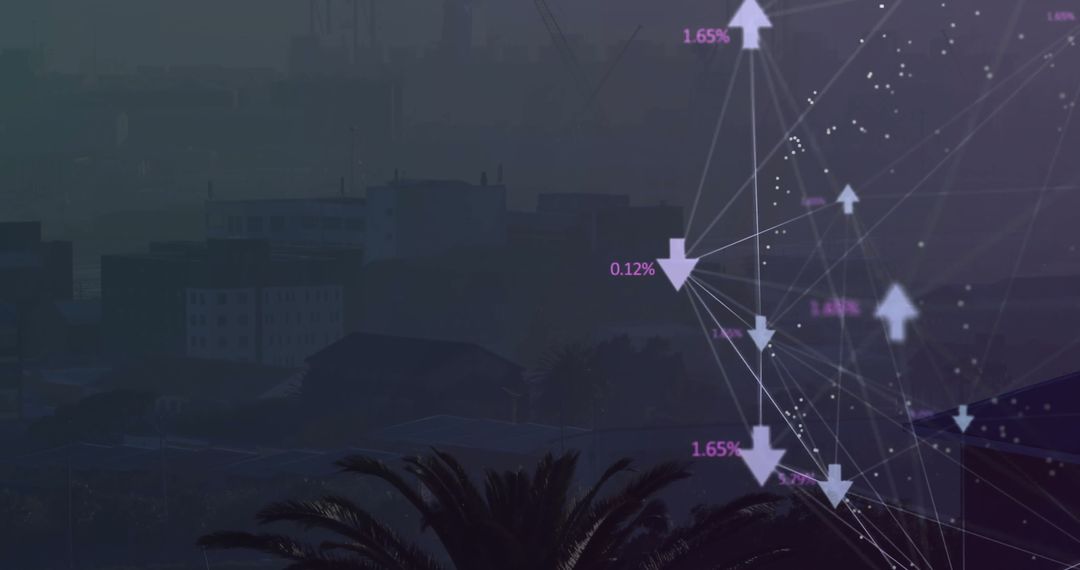 Network Graph with Percentages Over Urban Skyline at Dusk