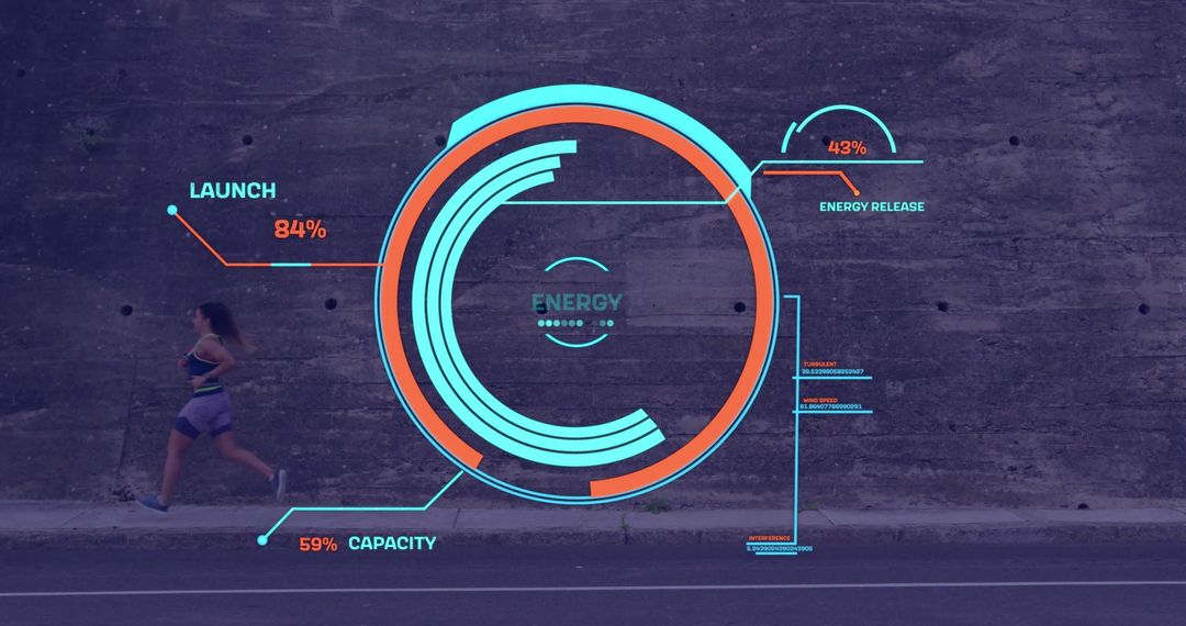 Woman Running with Futuristic Energy Display Overlay
