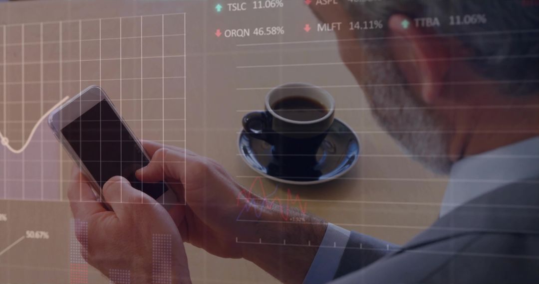 Businessman Using Smartphone with Stock Market Graph Overlay