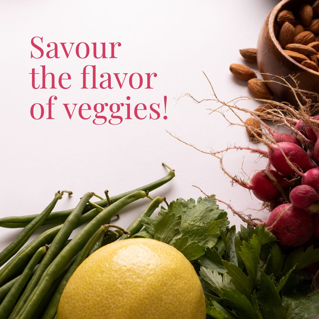 Assortment of Fresh Vegetables and Nuts with Savor the Flavor of Veggies Text - Download Free Stock Templates Pikwizard.com