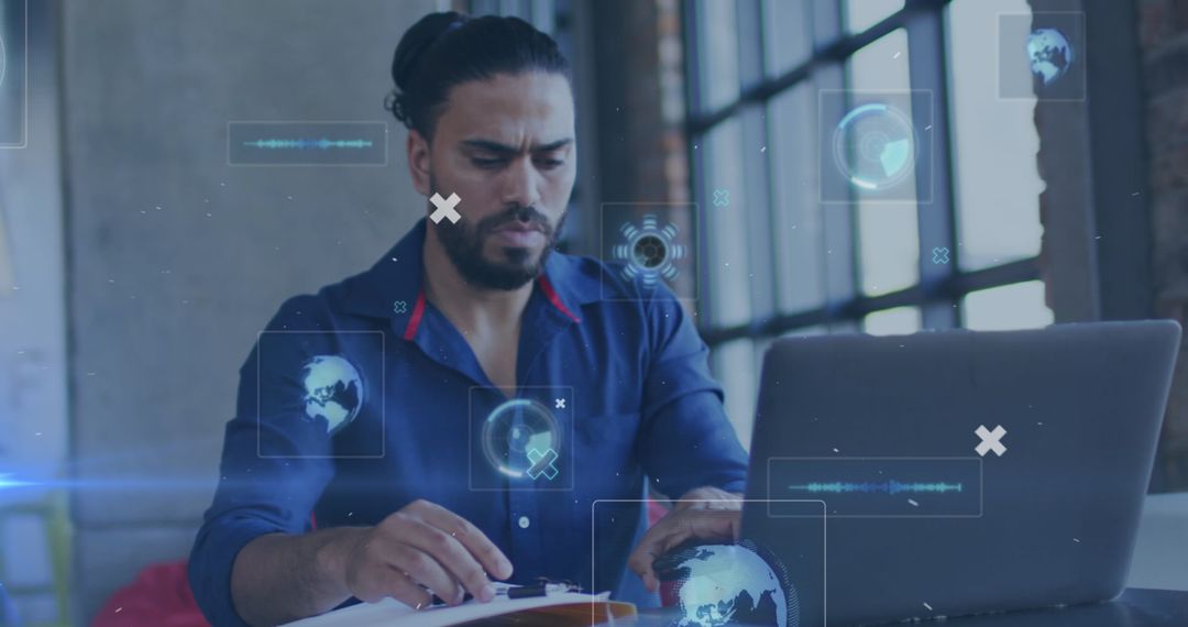 Professional Analyzing Digital Network on Laptop with Futuristic Interface