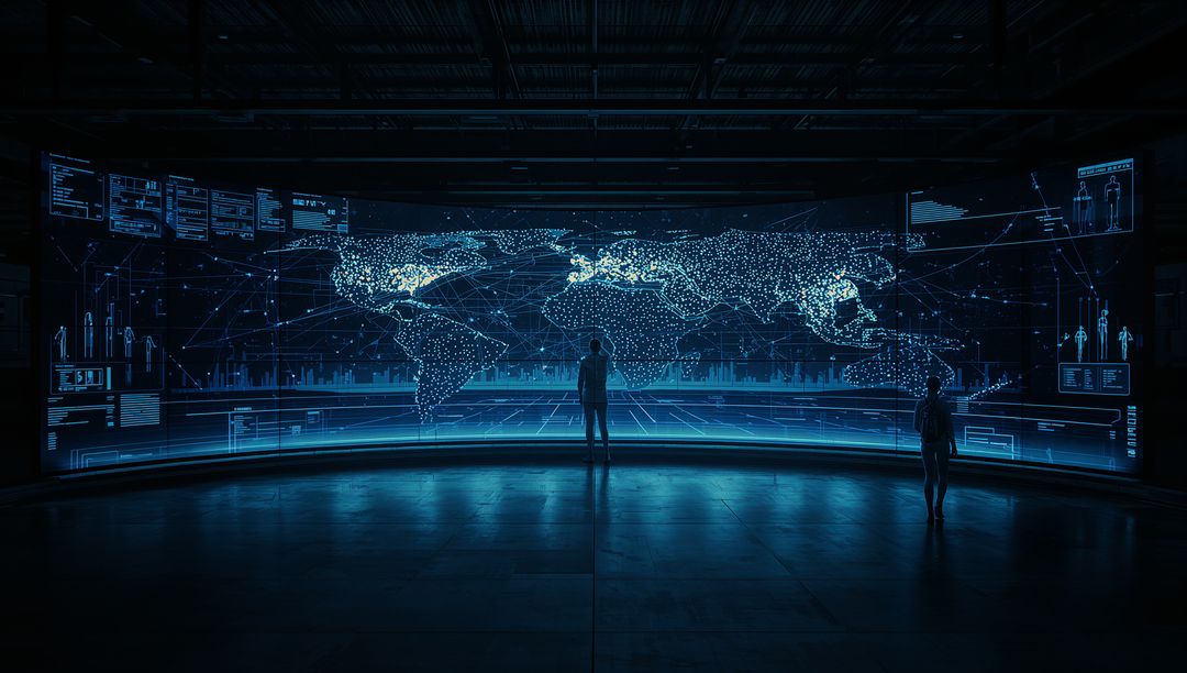 Futuristic Control Room with Professionals Monitoring Digital World Map