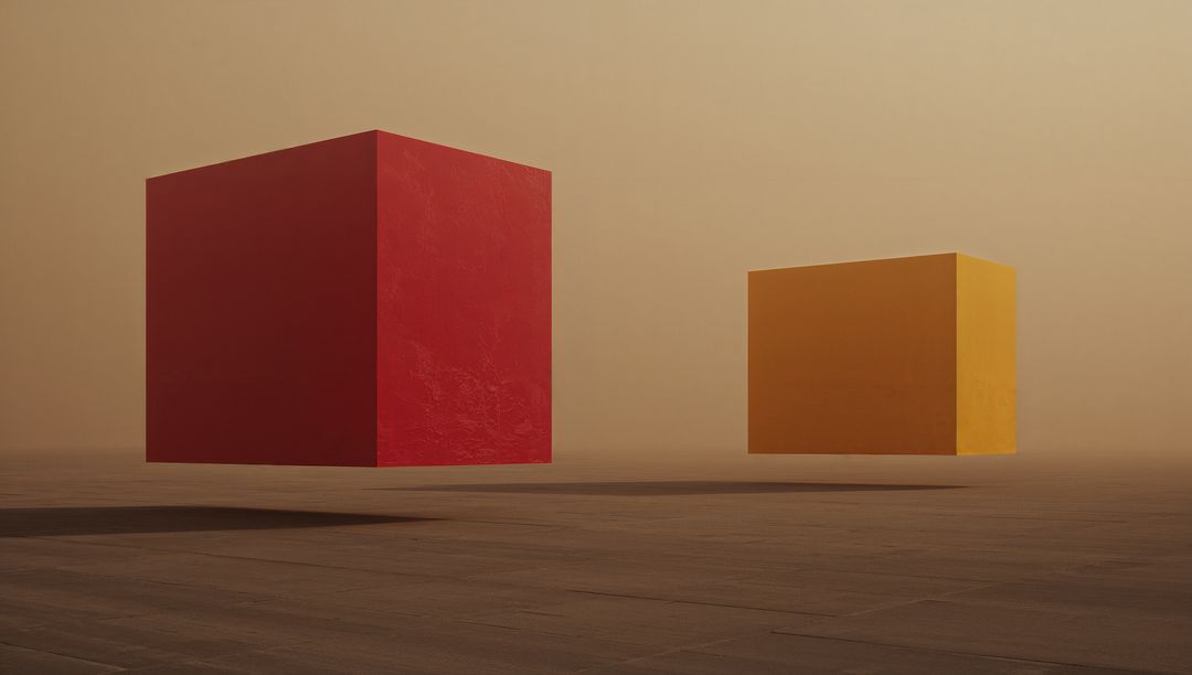 Floating Red and Yellow Cubes in Minimalist Space with Warm Haze