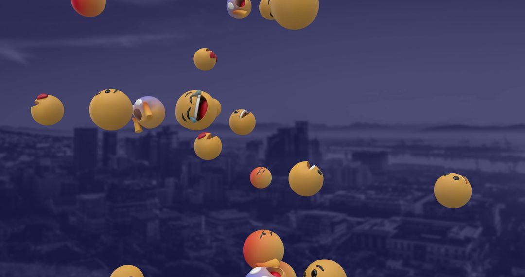 Floating Emojis Over Urban Skyline Creating Humor and Joy