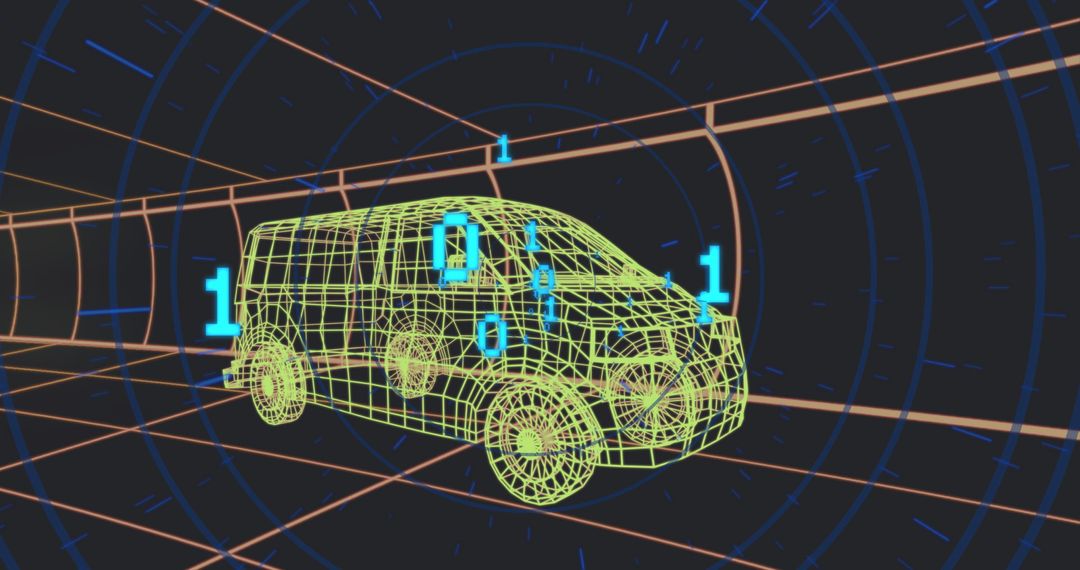 Futuristic Wireframe Van in Digital Tunnel with Binary Code