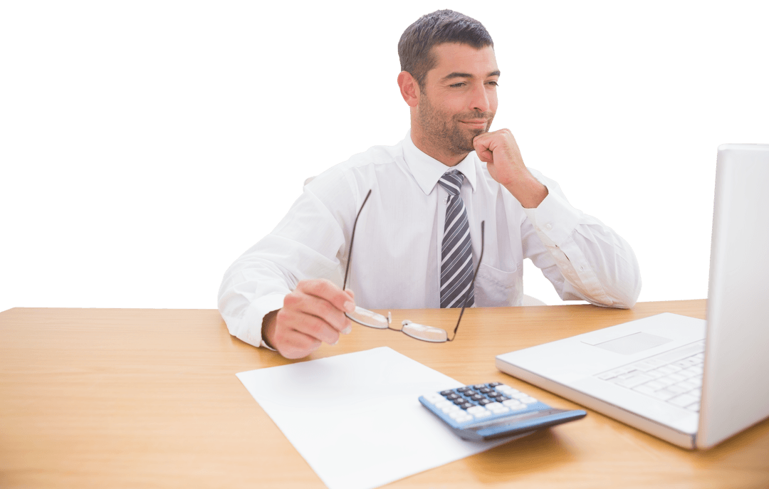 Smiling Businessman Holding Glasses Using Laptop Transparent Background