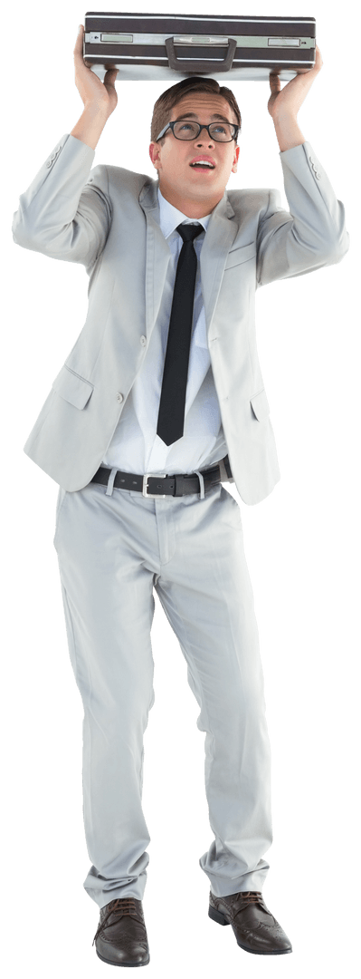 Worried Businessman Sheltering with Transparent Briefcase