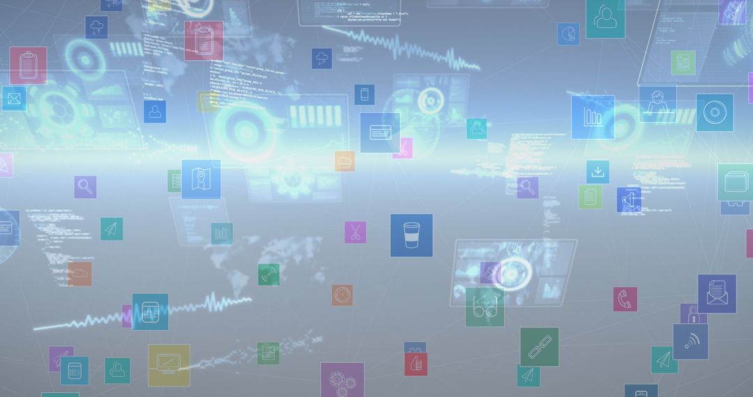 Digital Interface with Floating Data Icons and Global Technology Elements - Free Images, Stock Photos and Pictures on Pikwizard.com