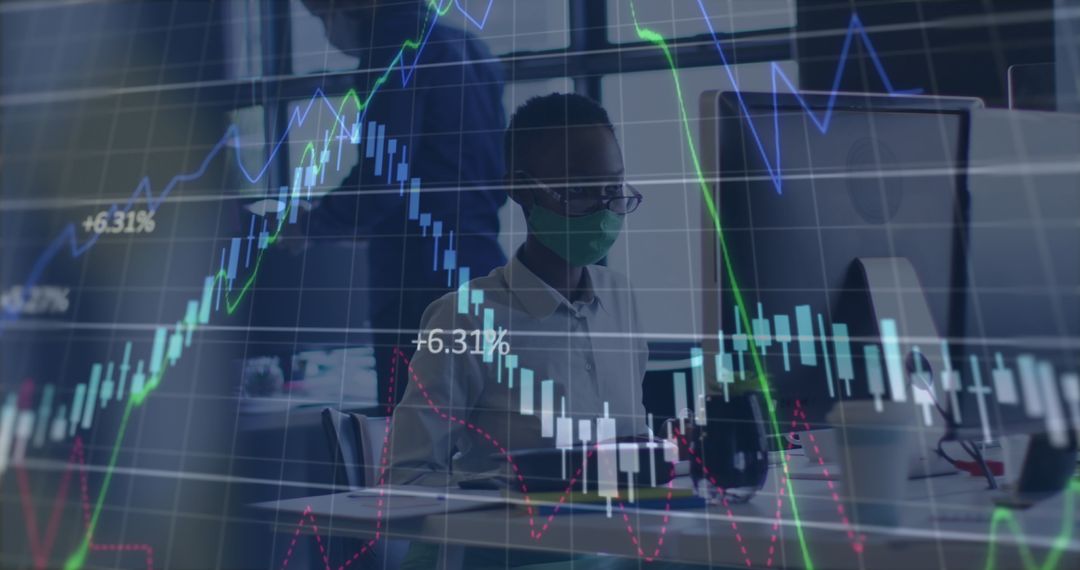 Businesswoman Analyzing Financial Data on Computer with Face Mask
