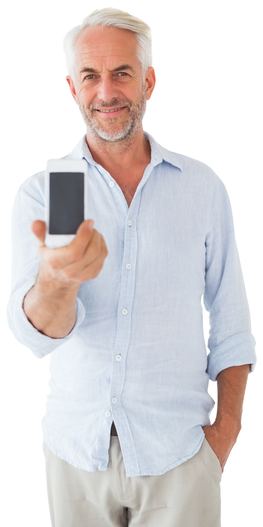 Smiling Older Man Presenting Smartphone Transparent Background - Download Free Stock Images Pikwizard.com