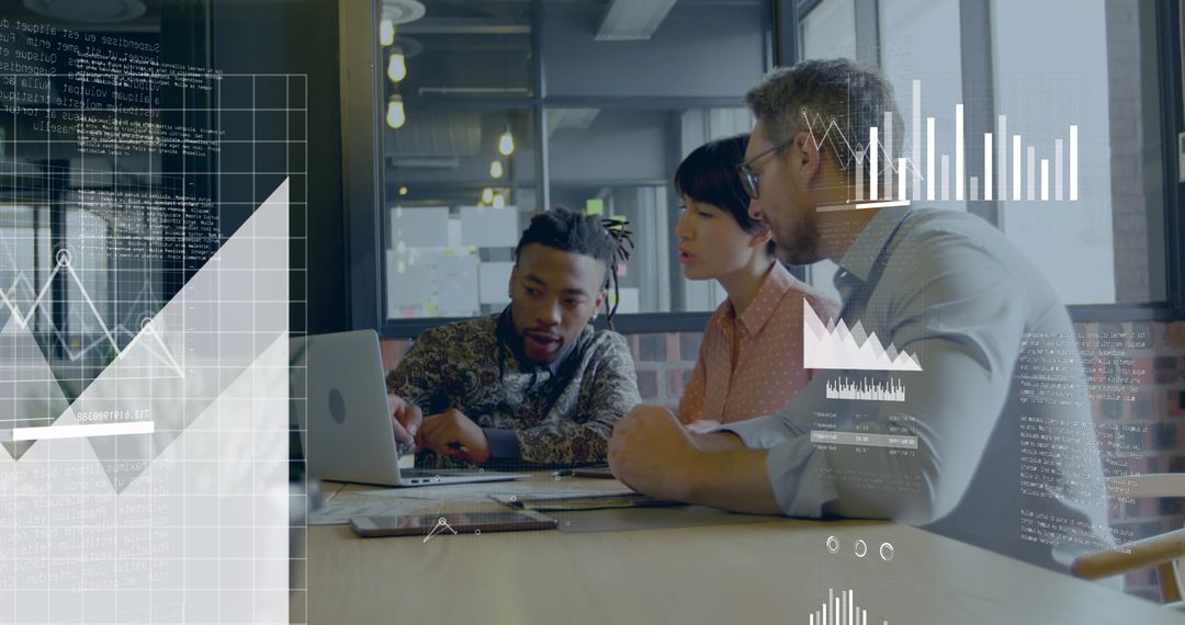 Diverse Team Analyzing Financial Data with Digital Visualization