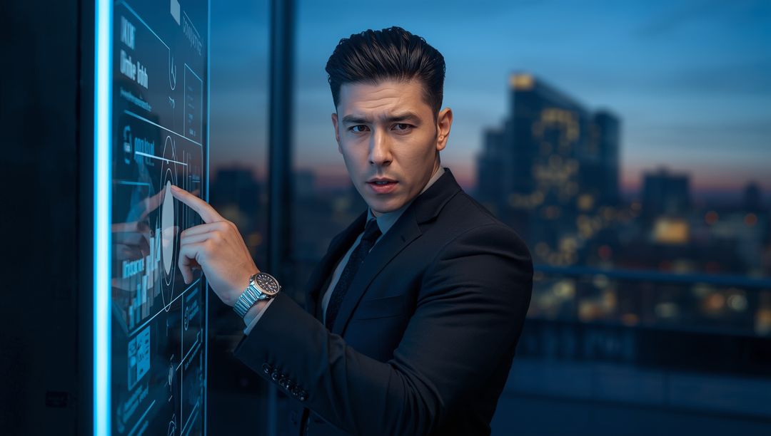 Business Professional Analyzing Data on Interactive Display in Modern Office