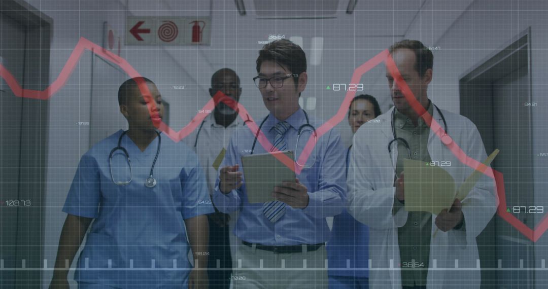 Medical Team Analyzing Data with Graph Overlay in Hospital Corridor
