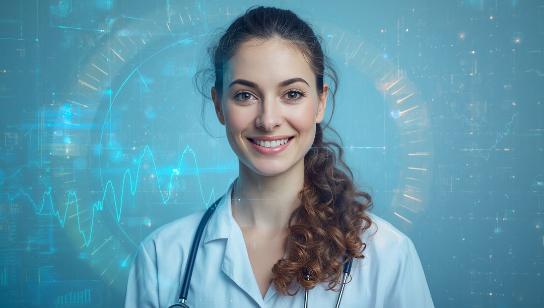 Smiling Female Doctor in Futuristic Technological Environment