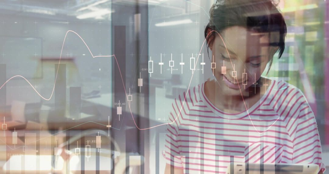 Woman Analyzing Financial Data with Tablet in Office Dynamic Charts Overlay