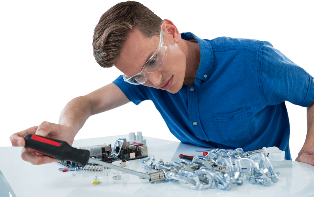 Focused Engineer Repairing Computer Motherboard on Transparent Background