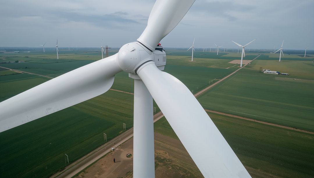 Technician Inspecting Wind Turbine at Renewable Energy Farm