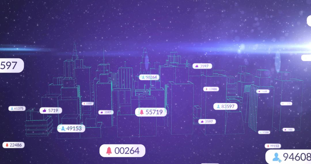 Futuristic Digital Skyline with Data Icons and Holographic Effects
