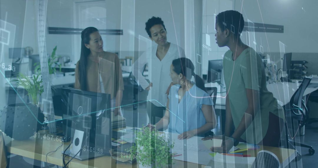 Professionals Collaborating with Translucent Data Graphs in Modern Office