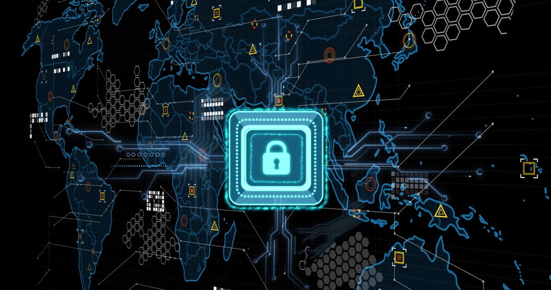 Cybersecurity Lock Over Digital World Map with Data Streams