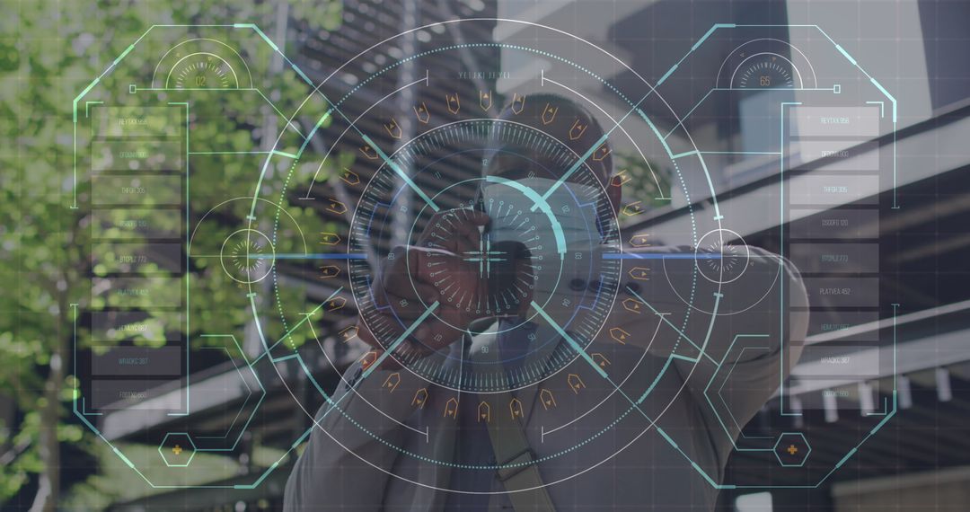 African American Man with Smartphone and Futuristic Data Interface