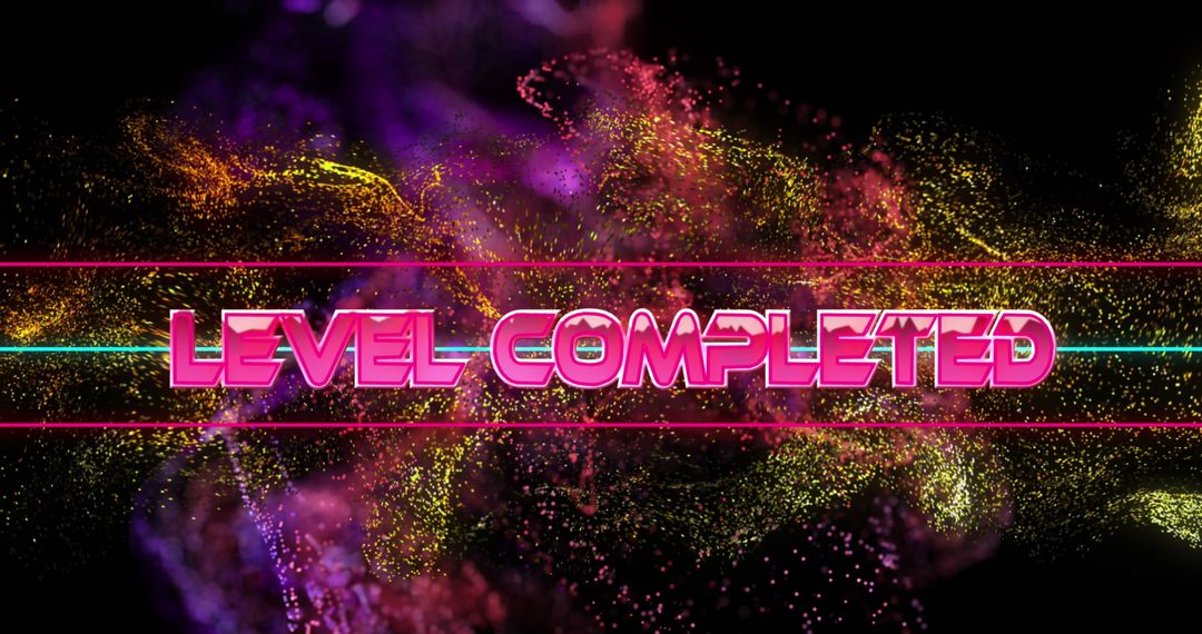 Game Level Completed Banner with Colorful Digital Waves