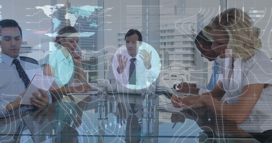 Business Team Analyzing Data with Holographic Technology in Modern Office