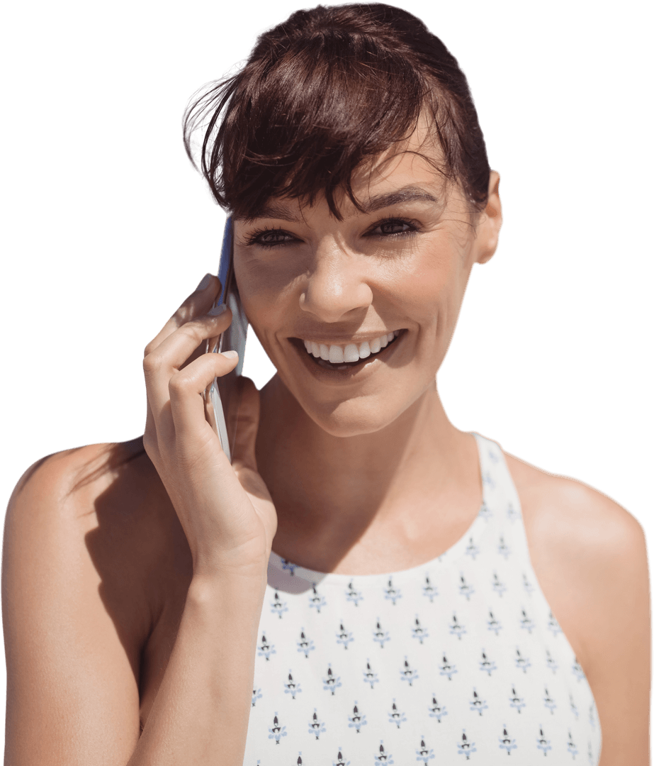 Smiling Caucasian Woman Talking on Smartphone on Transparent Background