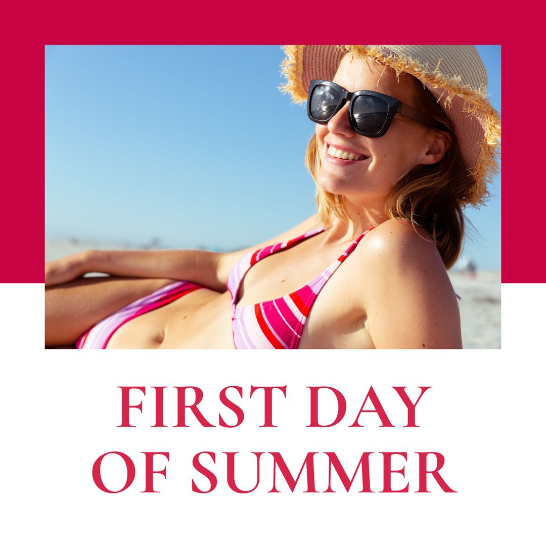 Smiling Woman Relaxing on Beach with Hat and Sunglasses