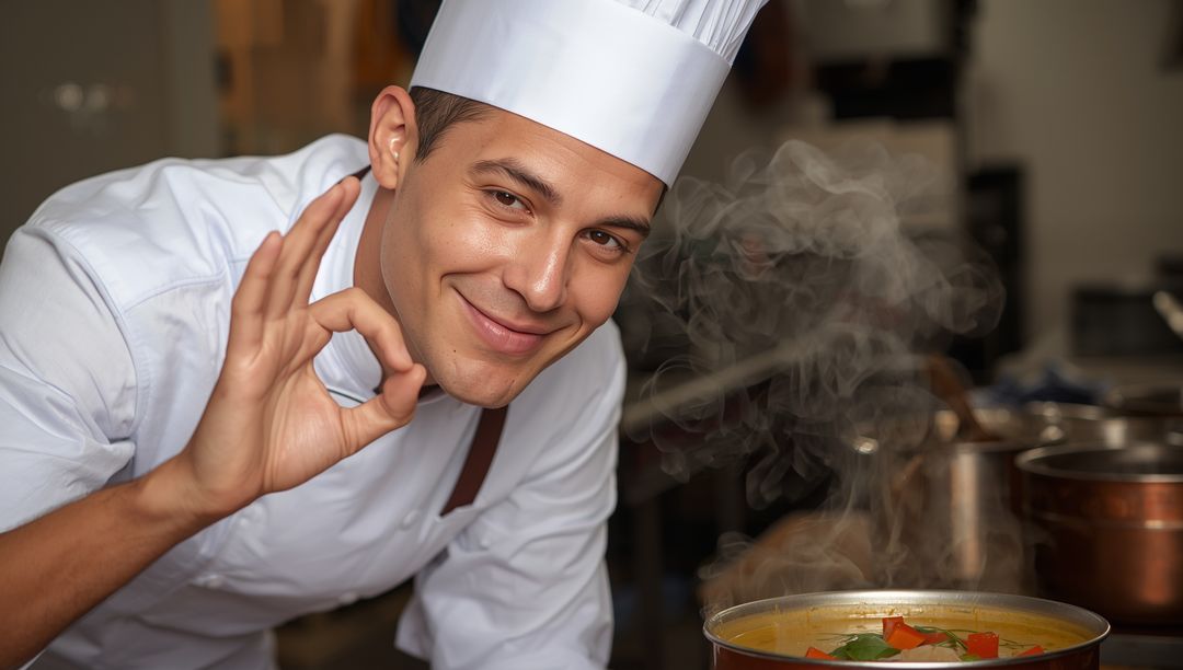 Smiling Chef Stirring Steaming Vegetable Soup in Professional Kitchen